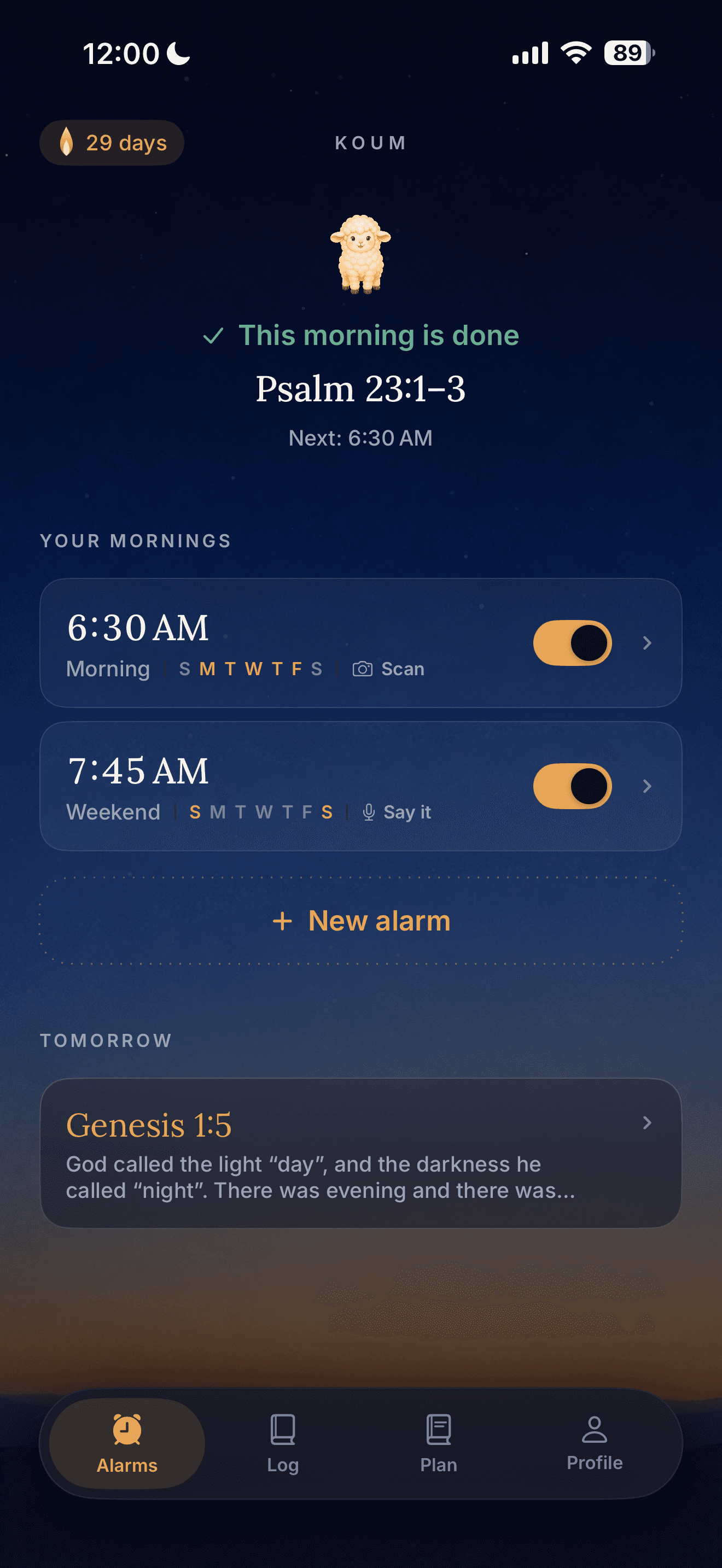 Koum alarm list showing the next morning's reading and active alarms.
