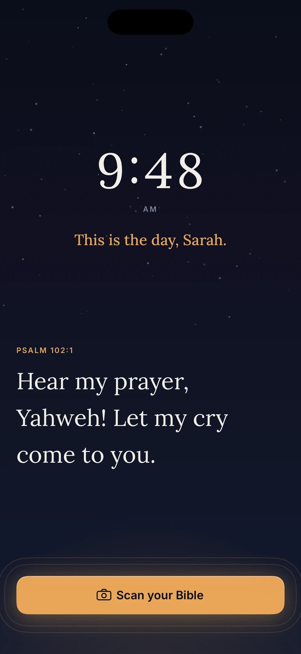 Koum alarm ringing at 9:48 with Psalm 102:1 and a button to scan your Bible.