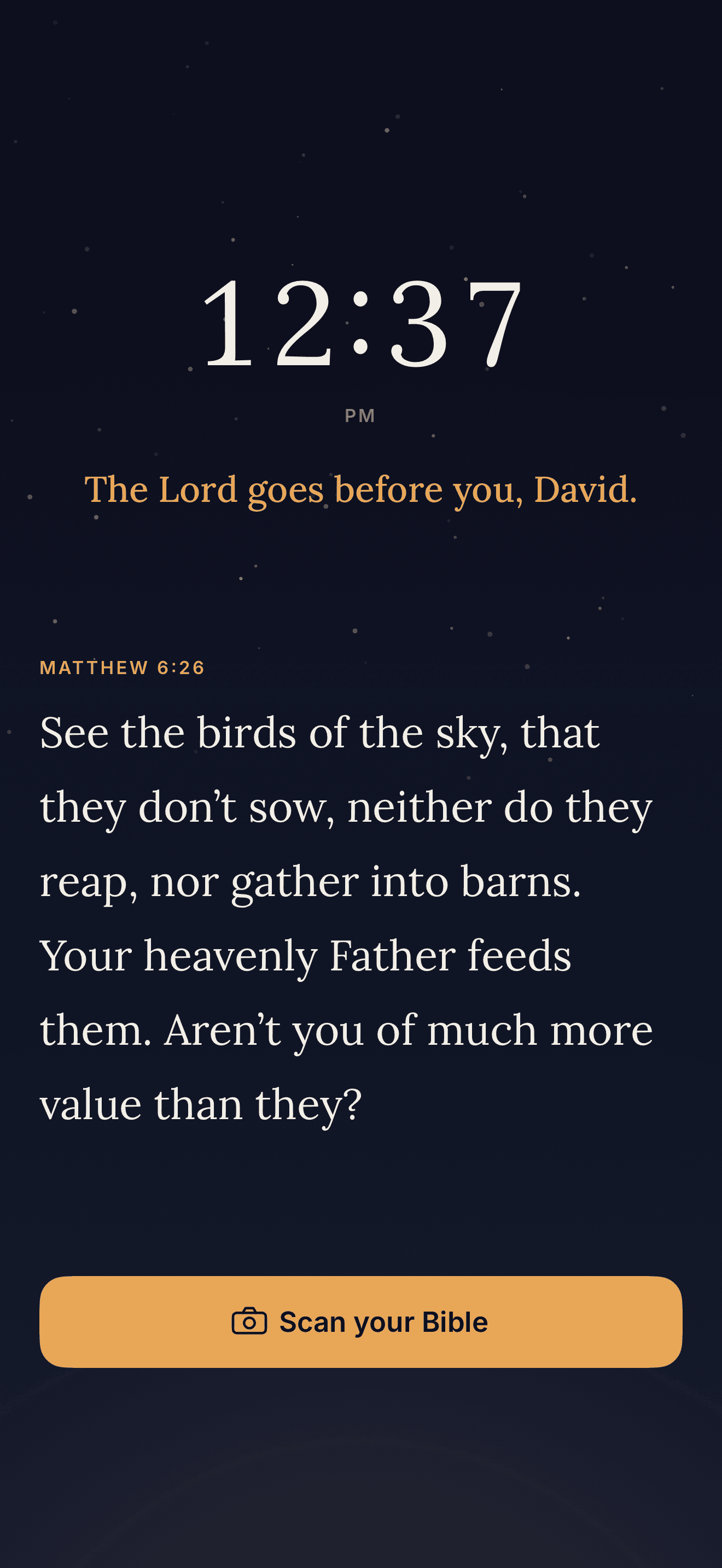 Koum's alarm screen prompting the user to scan their Bible.