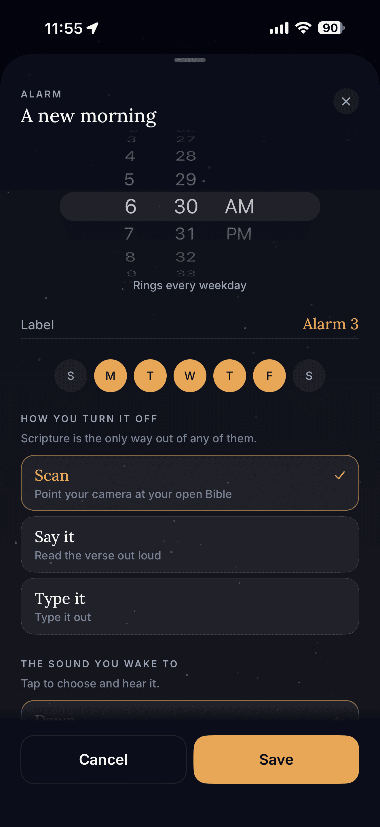 Koum alarm settings for a 6:30 AM recurring alarm.