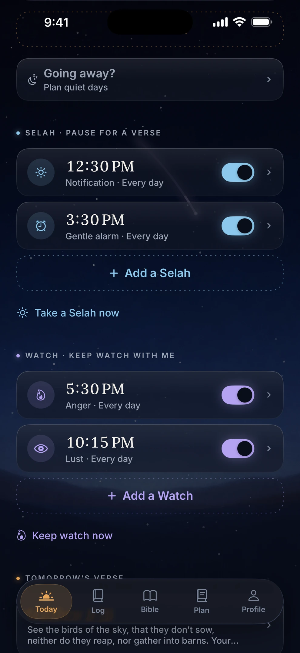 Koum alarms, Selah pauses and Watch hours scheduled across the day.