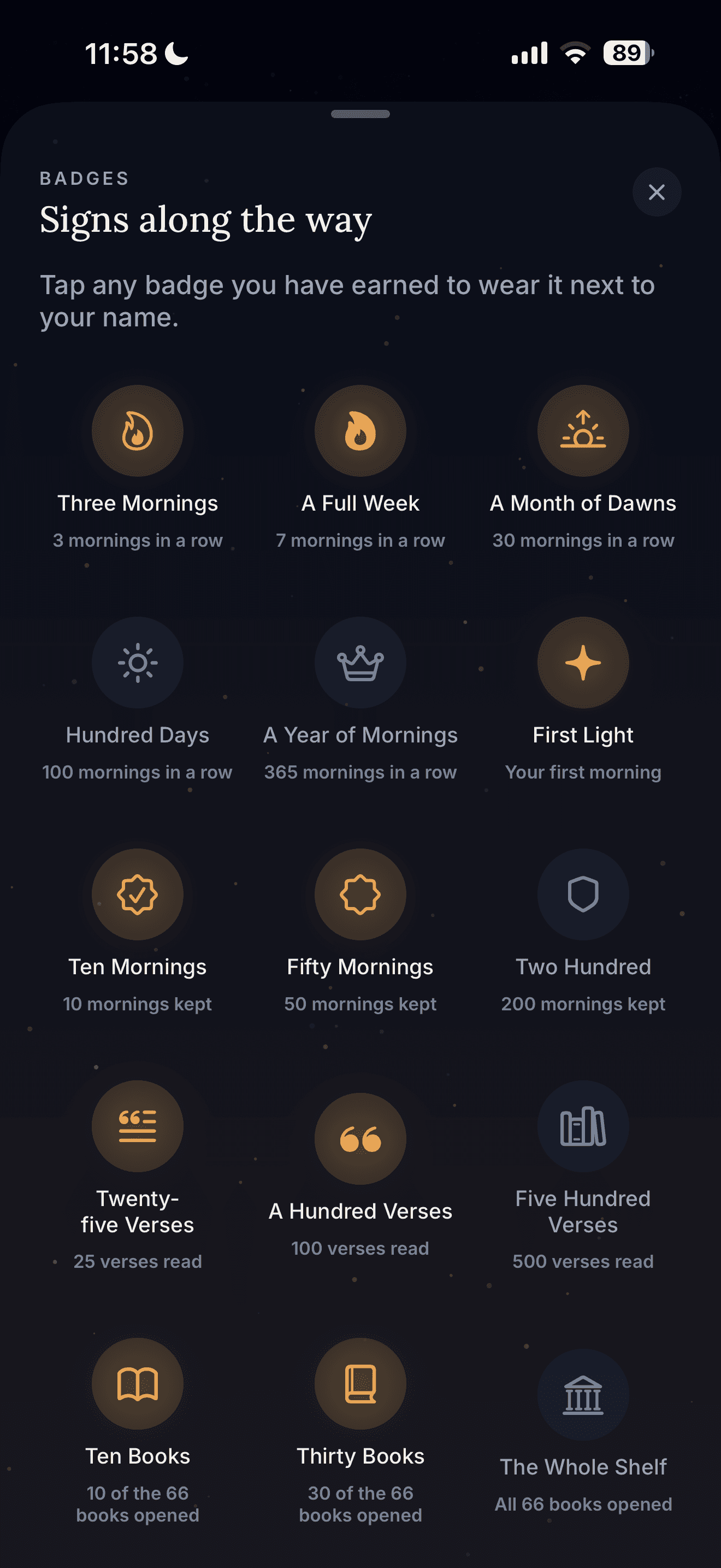 Koum badges earned along the user's morning journey.