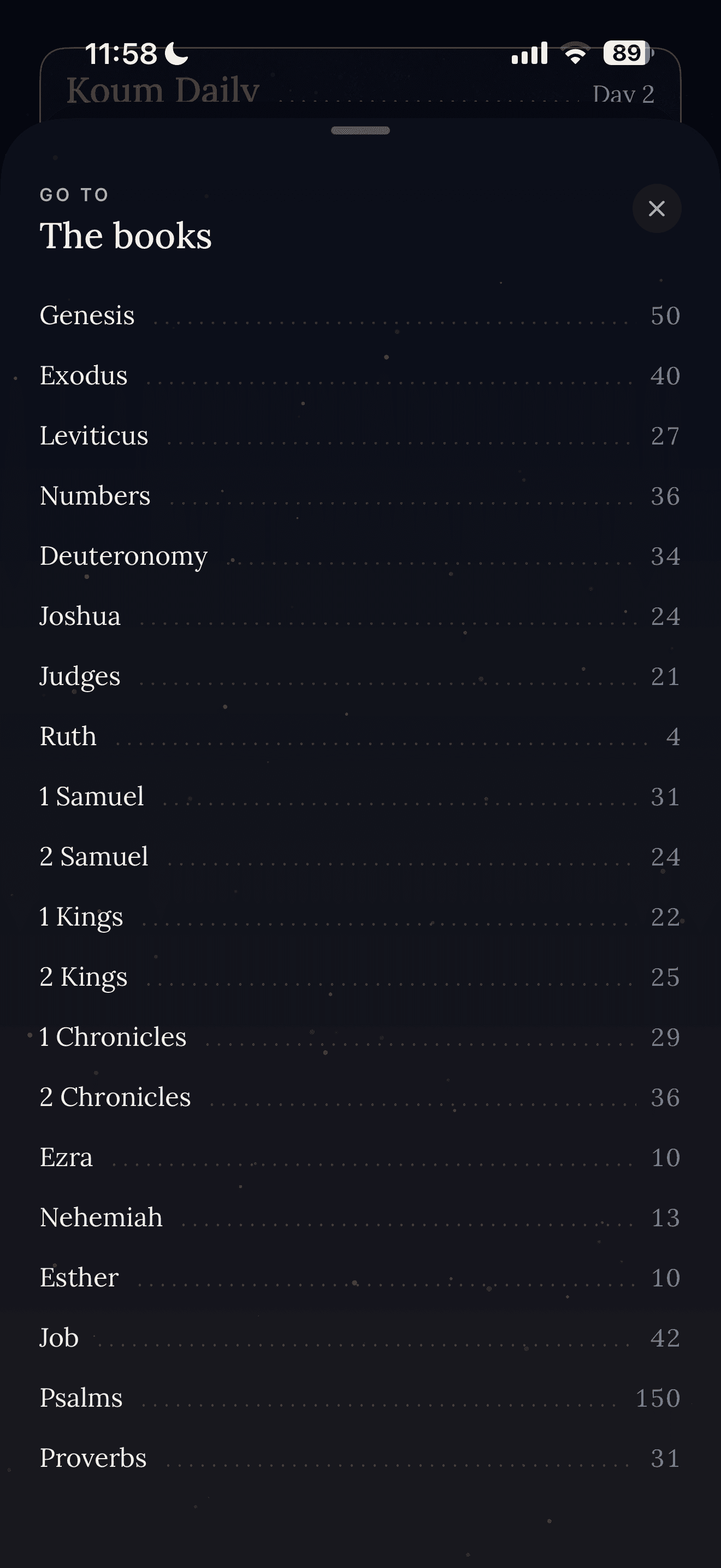 Koum's Bible book picker for choosing a reading path.