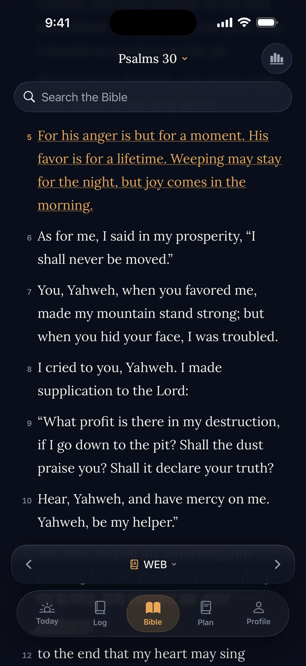 Koum Bible reader on Psalm 30 with verse 5 lit in gold where you have read.