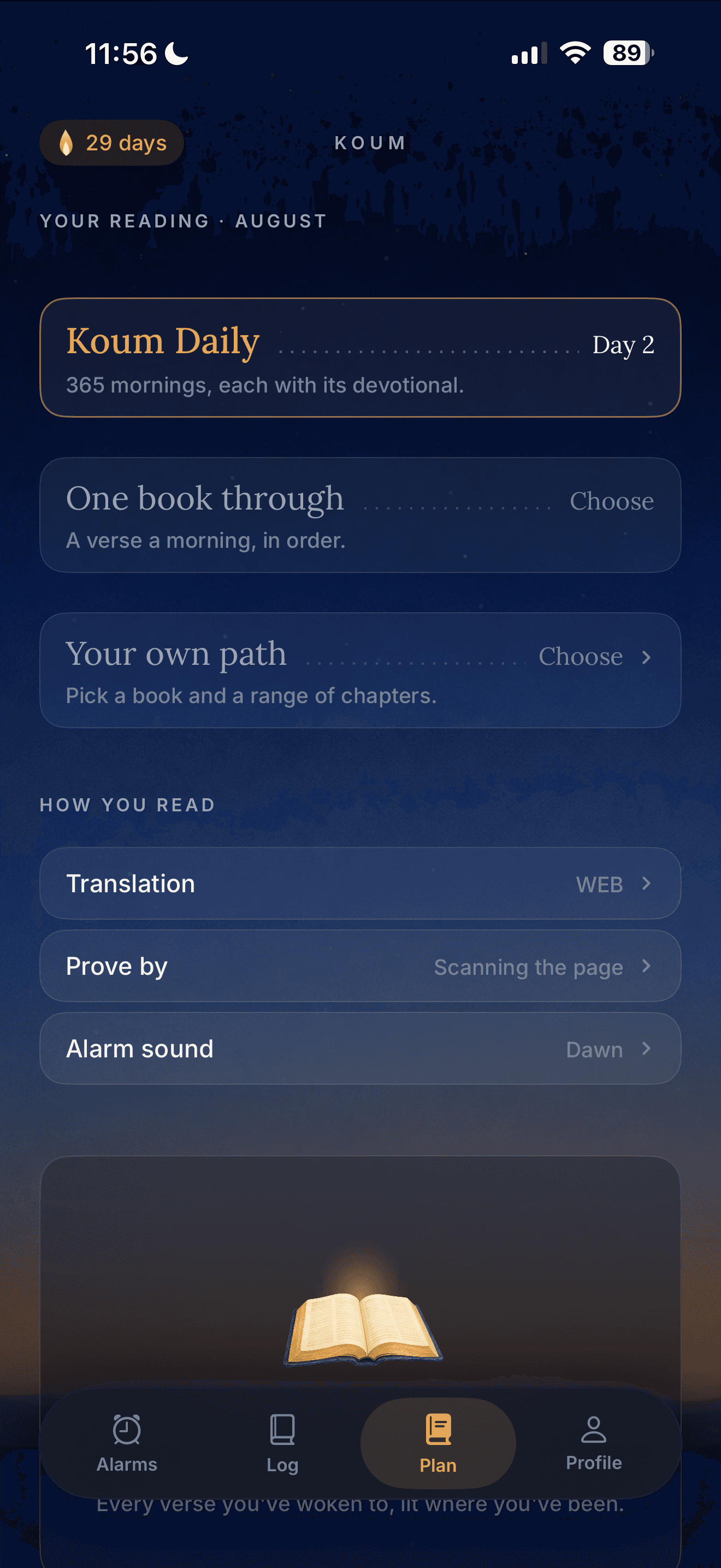 Koum Daily plan with the day's reading and alarm preferences.