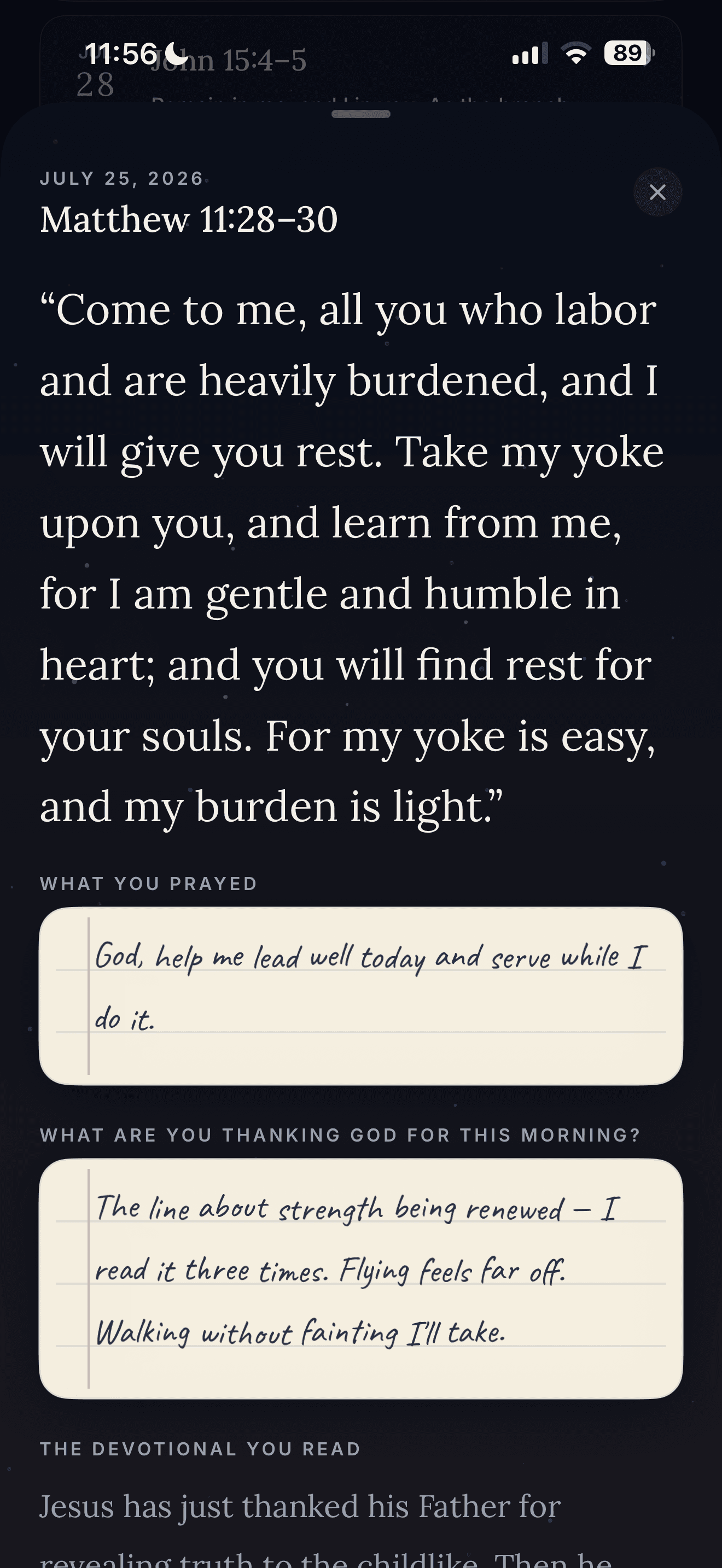 Koum devotional for Matthew 11:28–30 with reflection prompts.
