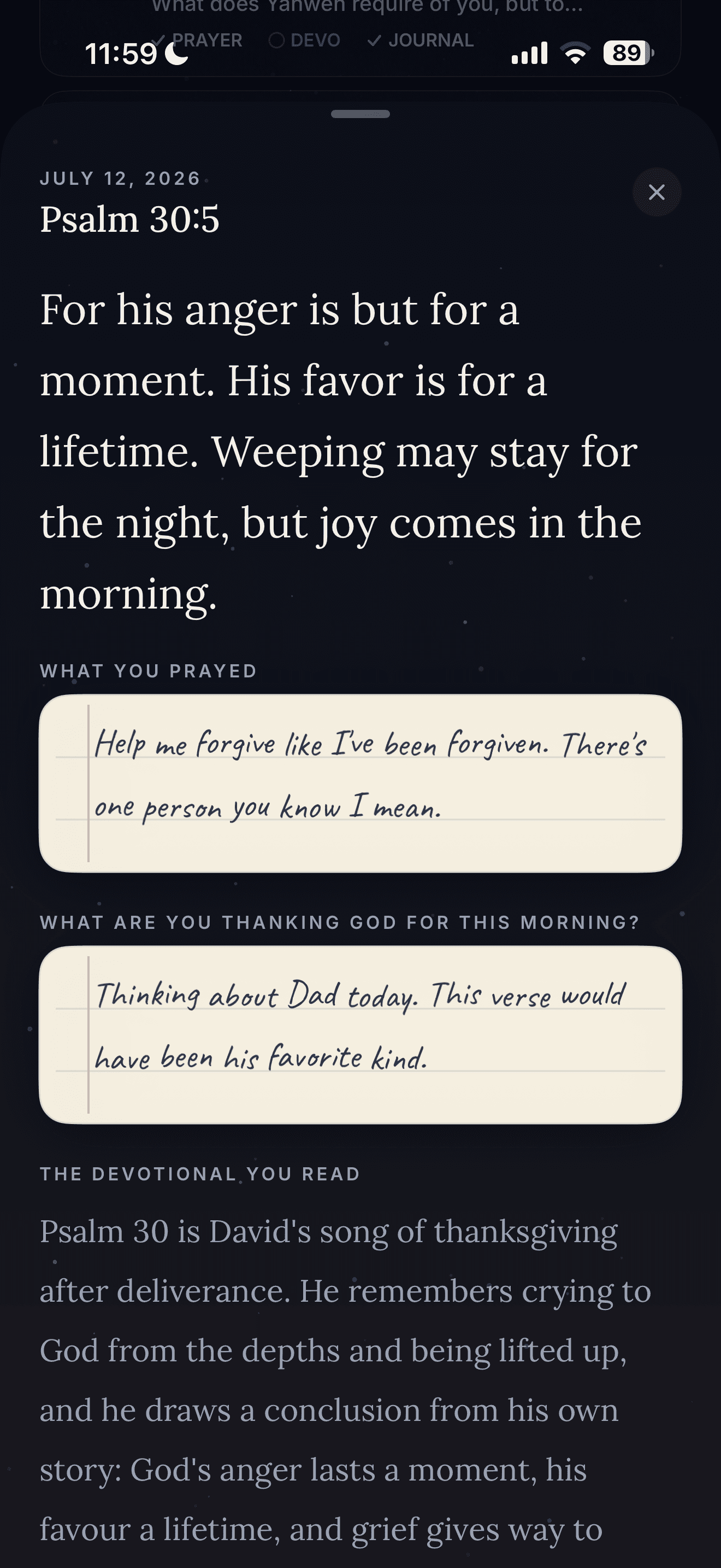 Koum guided reflection for Psalm 30:5 with prayer prompts.