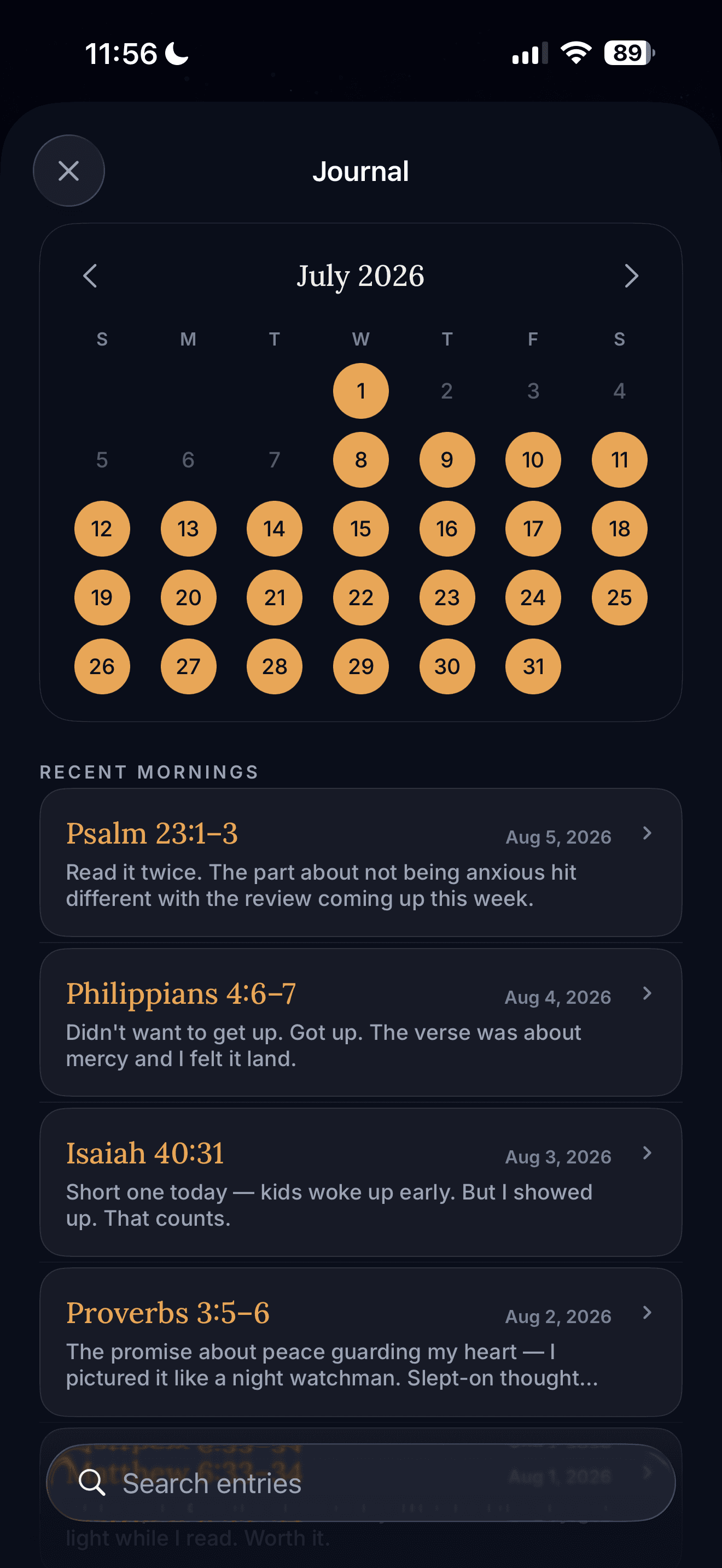 Koum Journal calendar and recent morning entries.