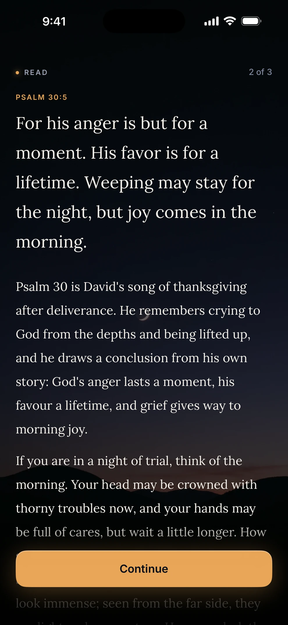 Koum devotional reading on Psalm 30:5, joy comes in the morning.