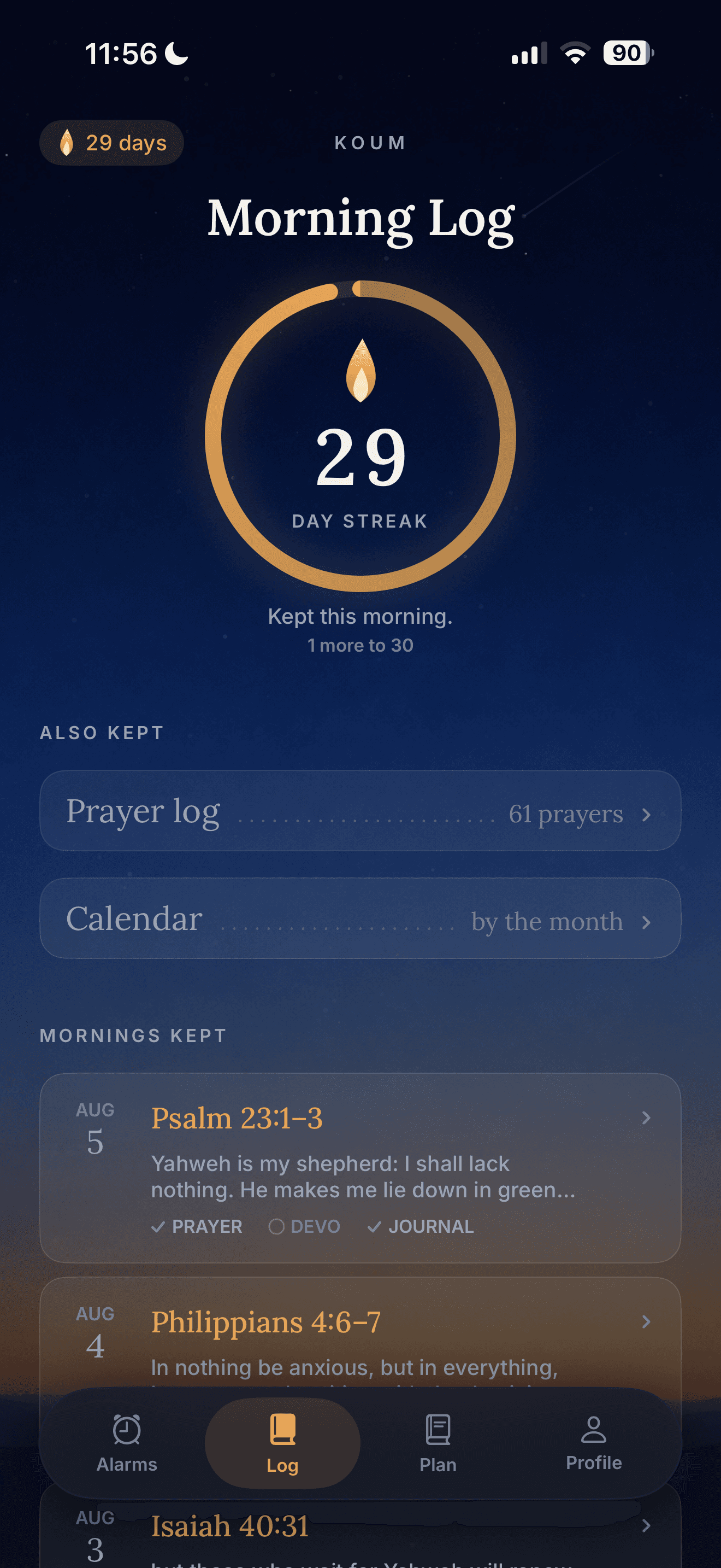Koum Morning Log with a 29-day streak and saved mornings.