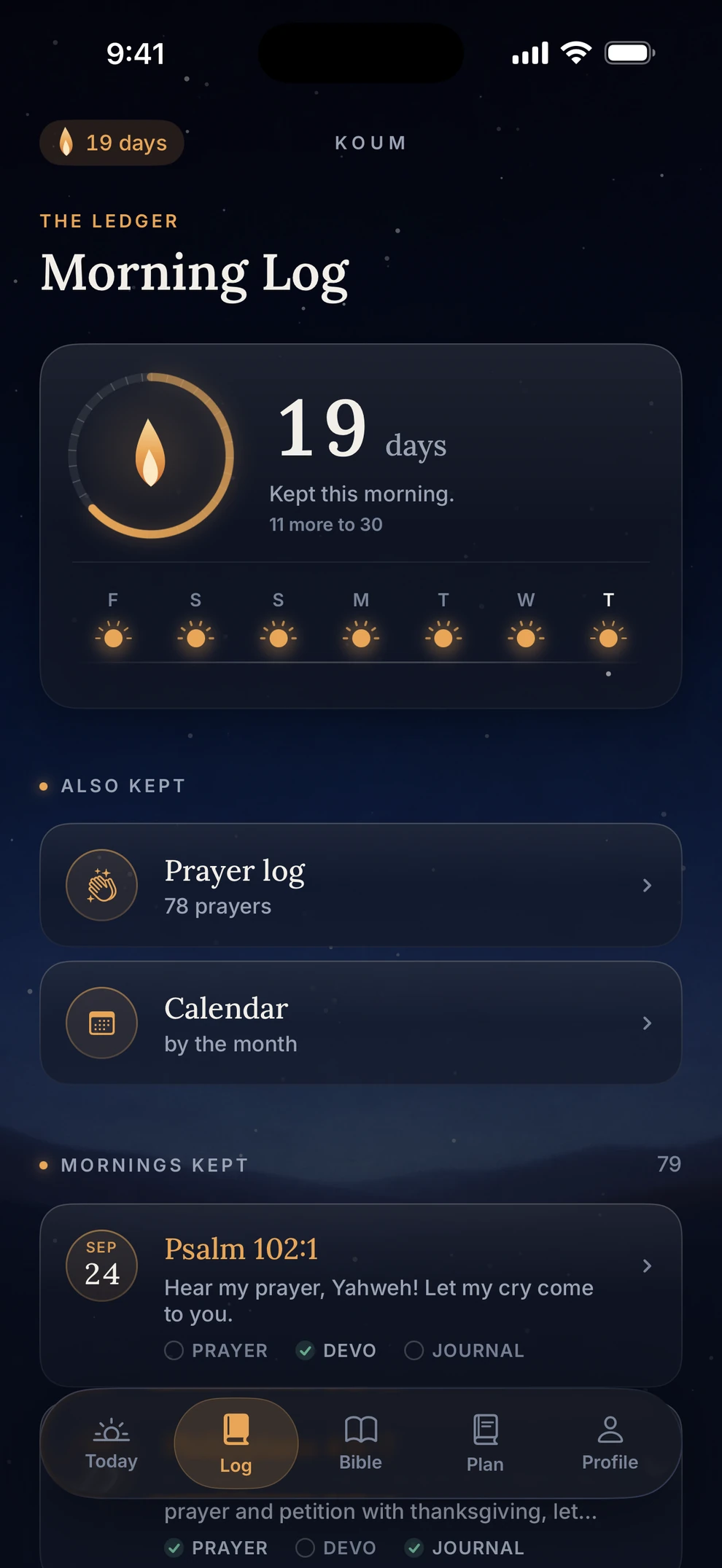 Koum Morning Log with a 19-day ring and every morning kept.