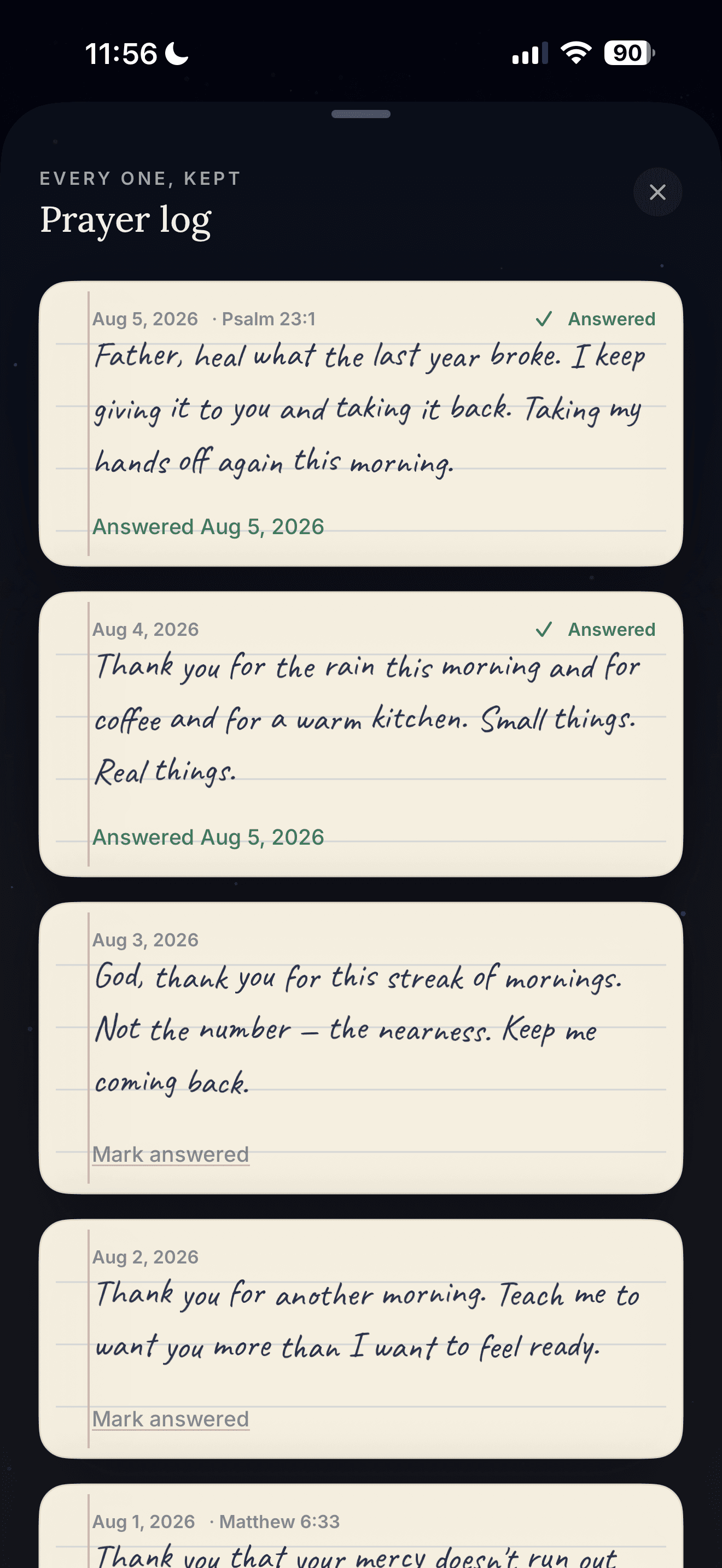 Koum Prayer Log with handwritten morning prayers.