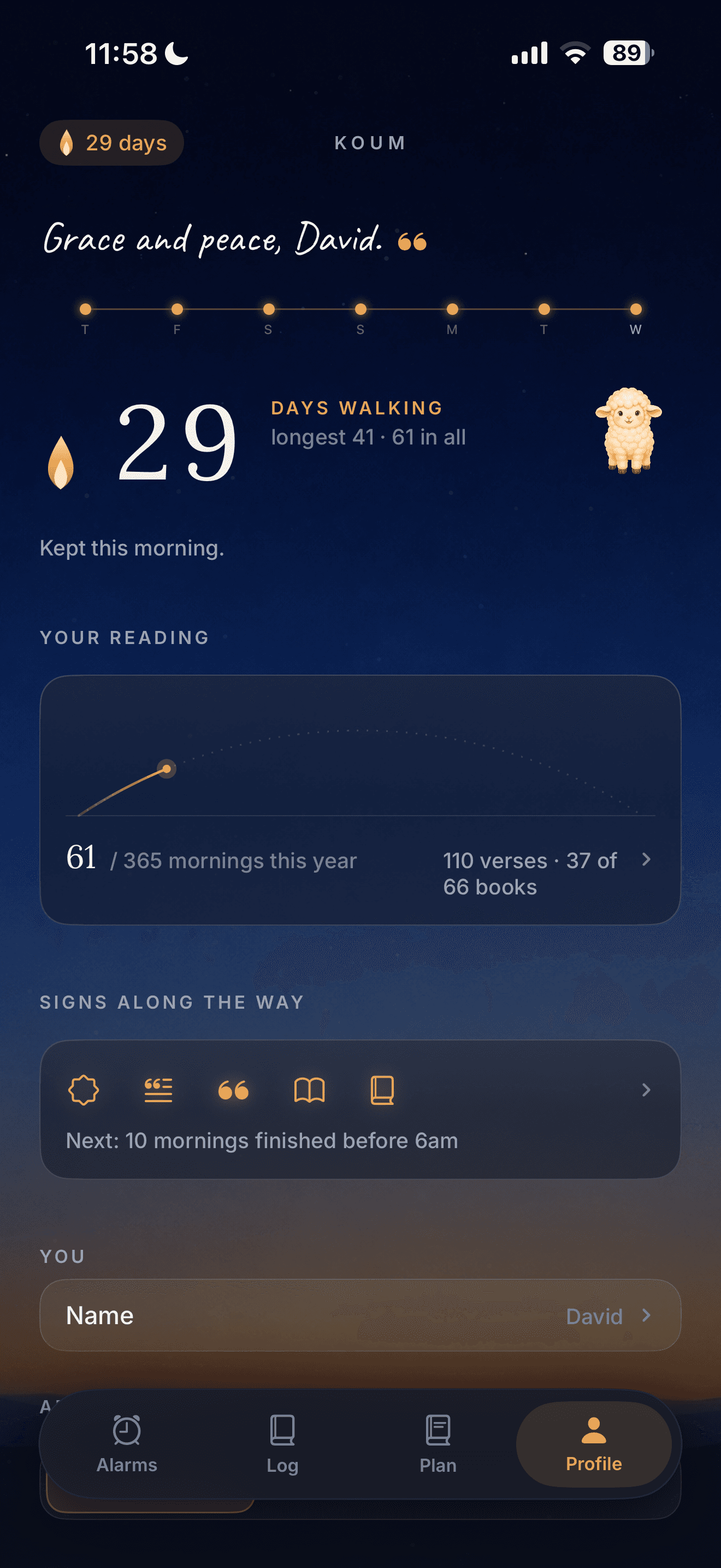Koum profile showing a 29-day walking streak and reading progress.