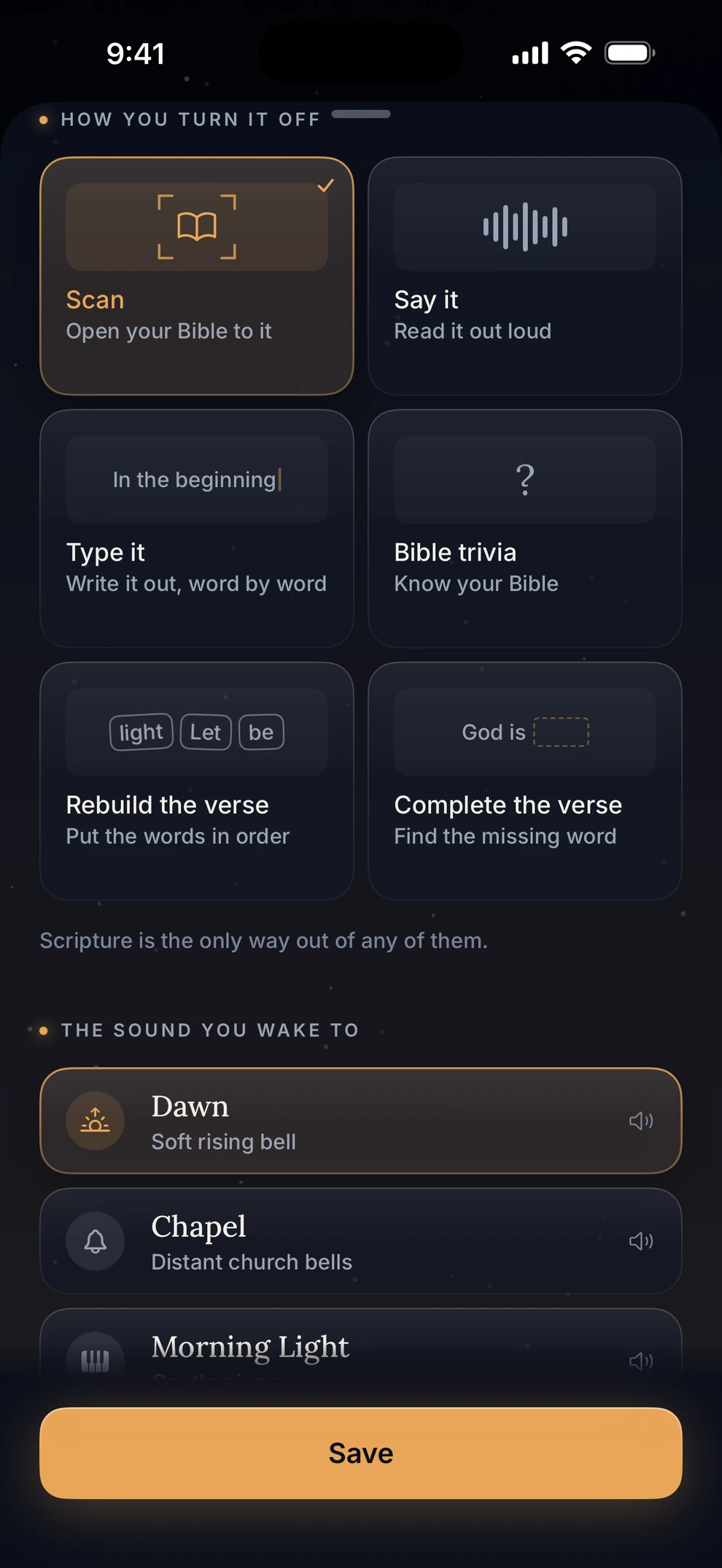 Koum's six ways to turn the alarm off: scan, say it, type it, Bible trivia, rebuild the verse, and complete the verse.