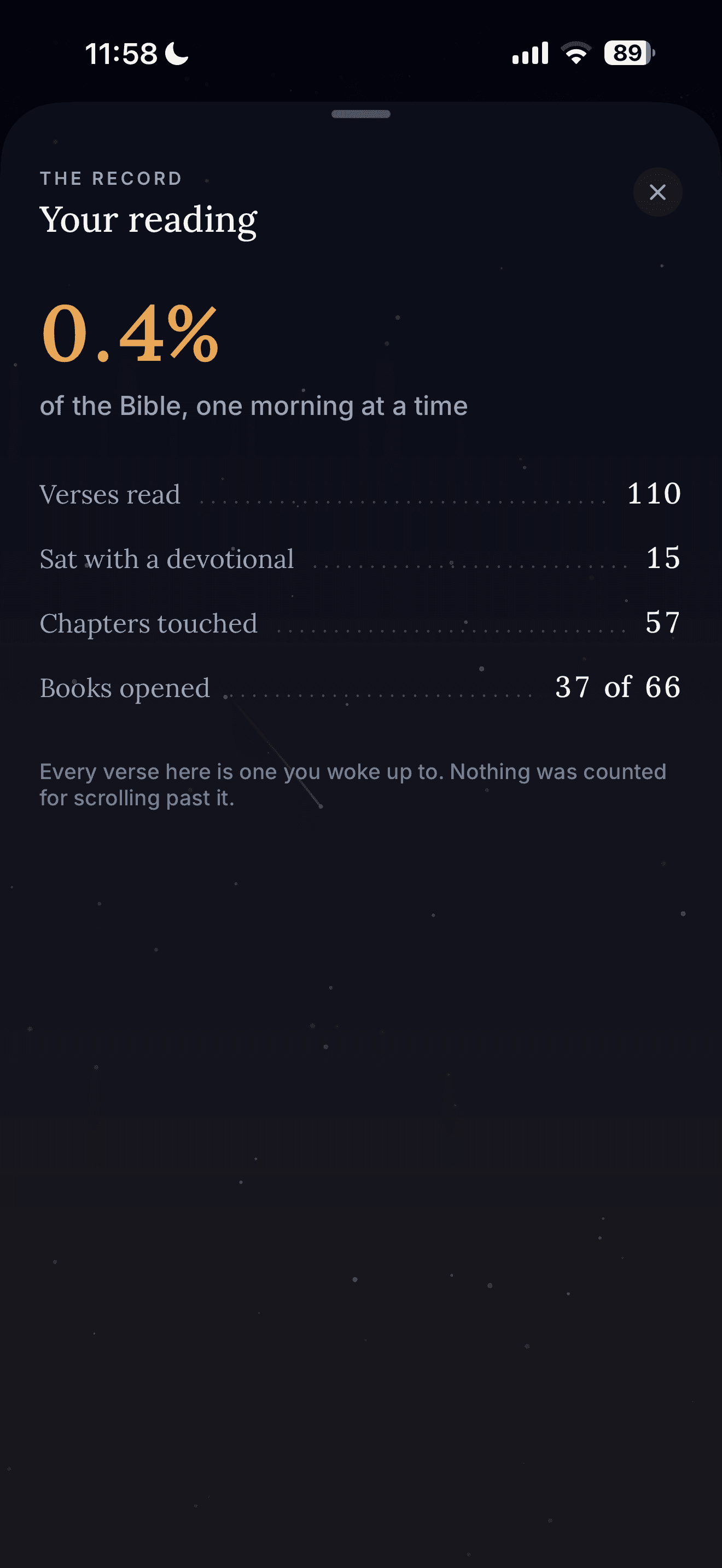 Koum reading record showing Bible and devotional progress.