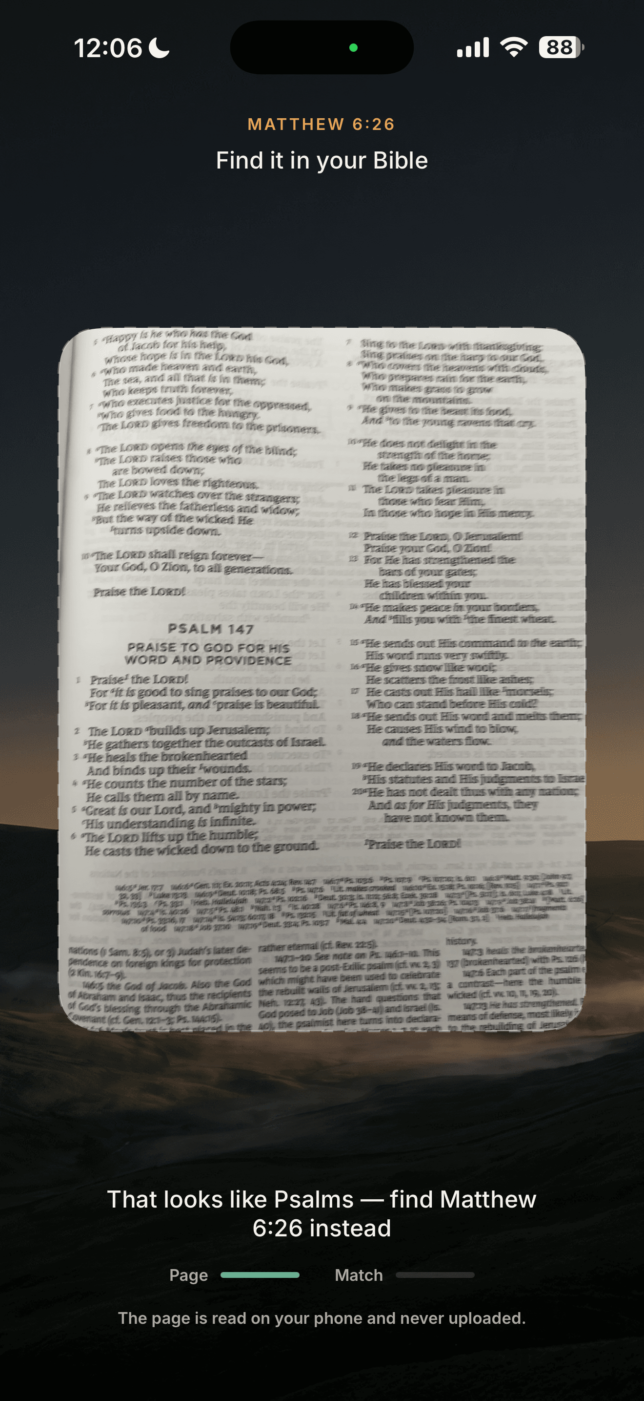 Koum identifies that the scanned Bible page does not match the requested verse.