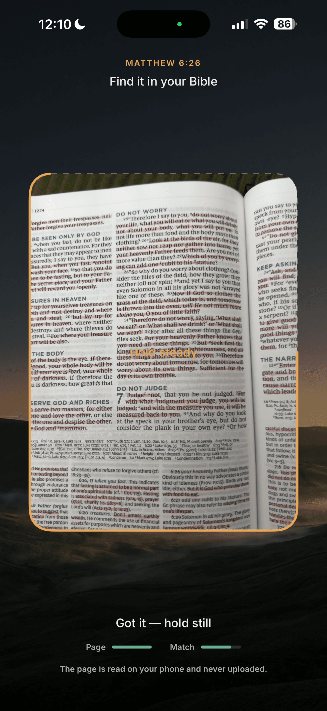 Koum confirming a Bible page has been matched to Matthew 6:26.