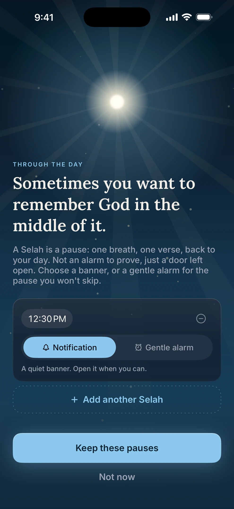 Setting a 12:30 PM Selah pause as a quiet notification.