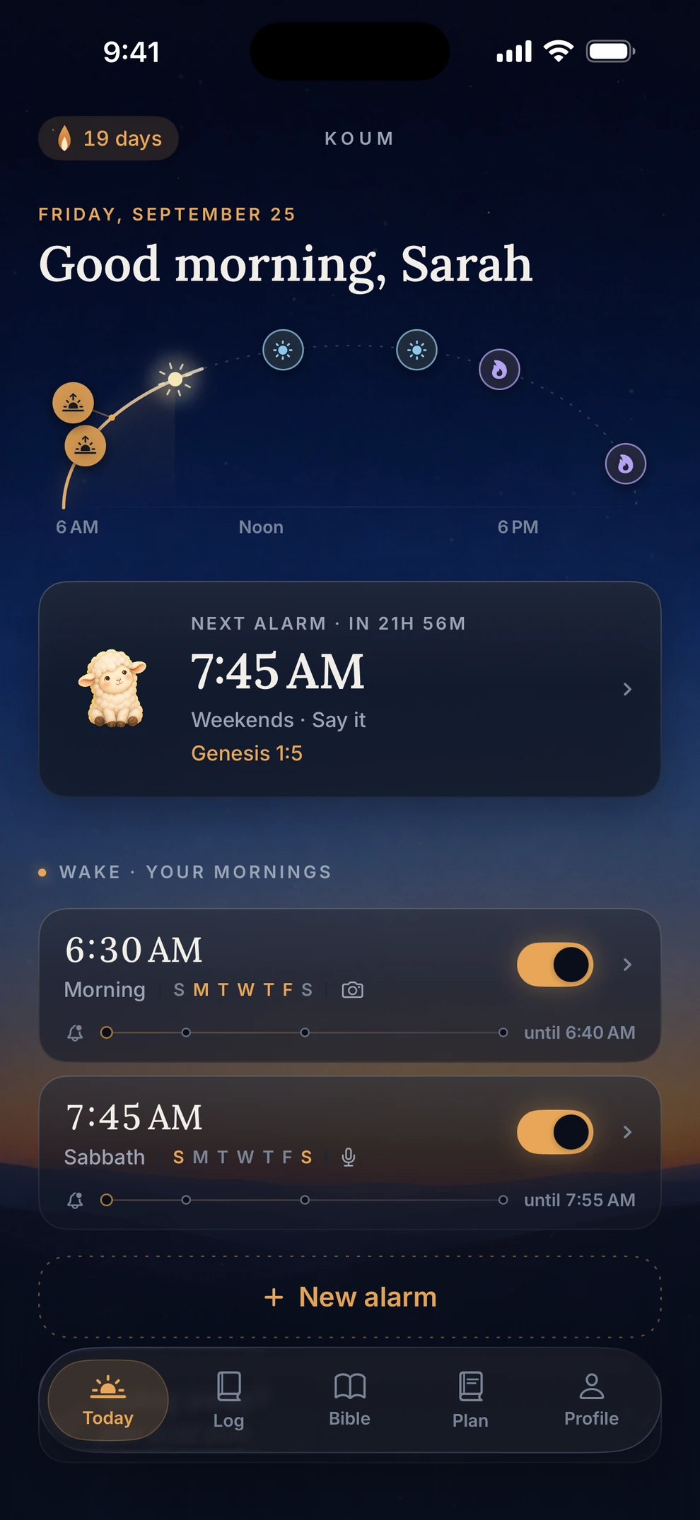 Koum Today: good morning, the day arc of Morning, Selah and Watch, and the next alarm.