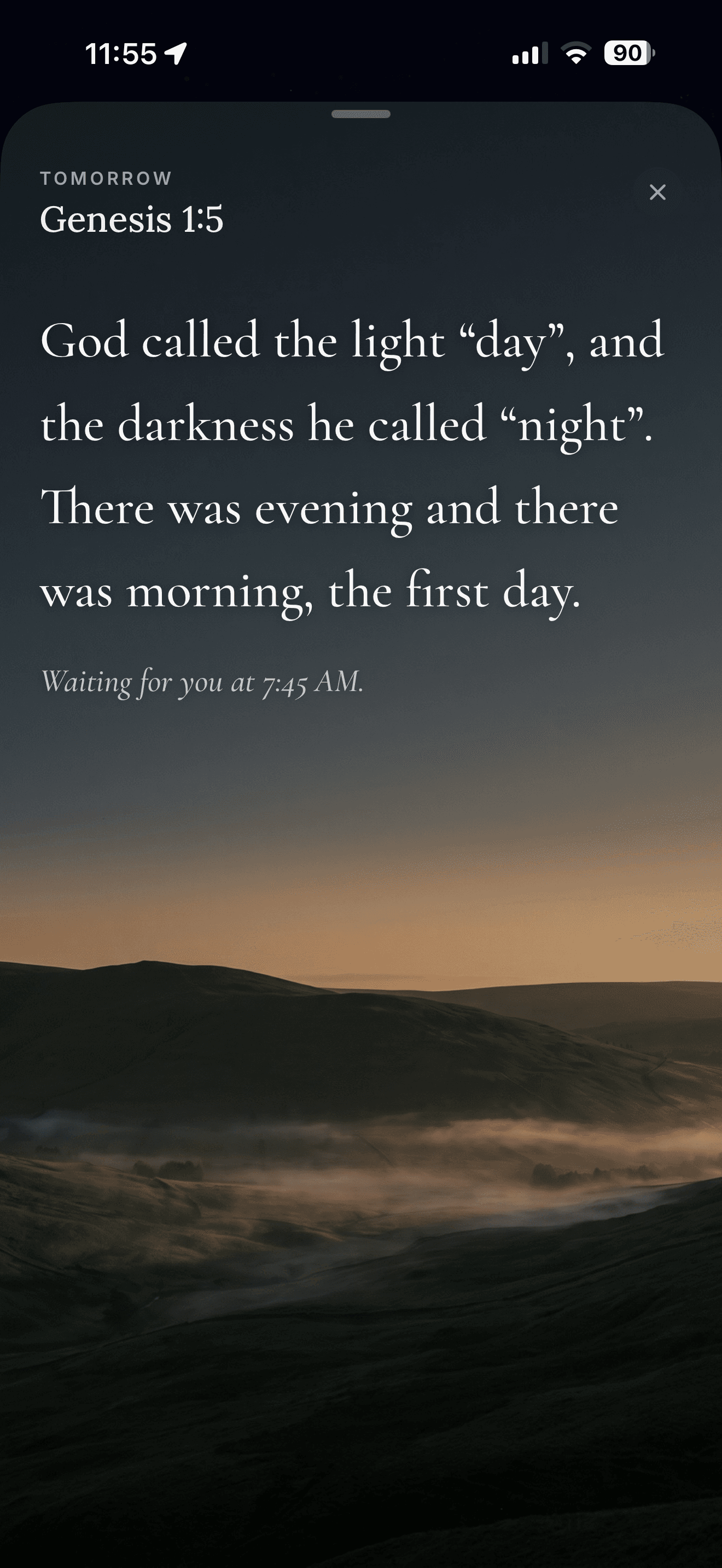 Koum tomorrow reading screen for Genesis 1:5.