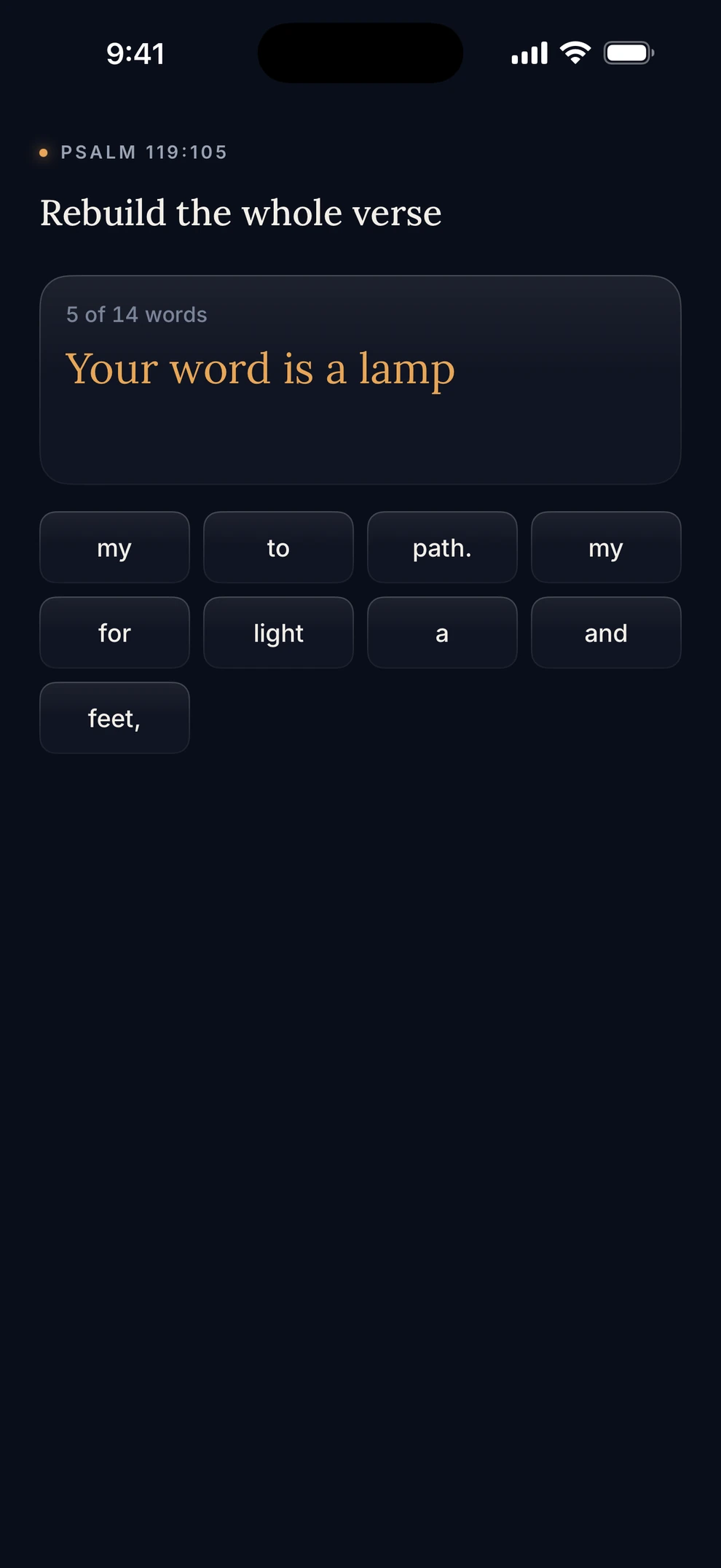 Rebuild Psalm 119:105 from shuffled word tiles to stop the alarm.