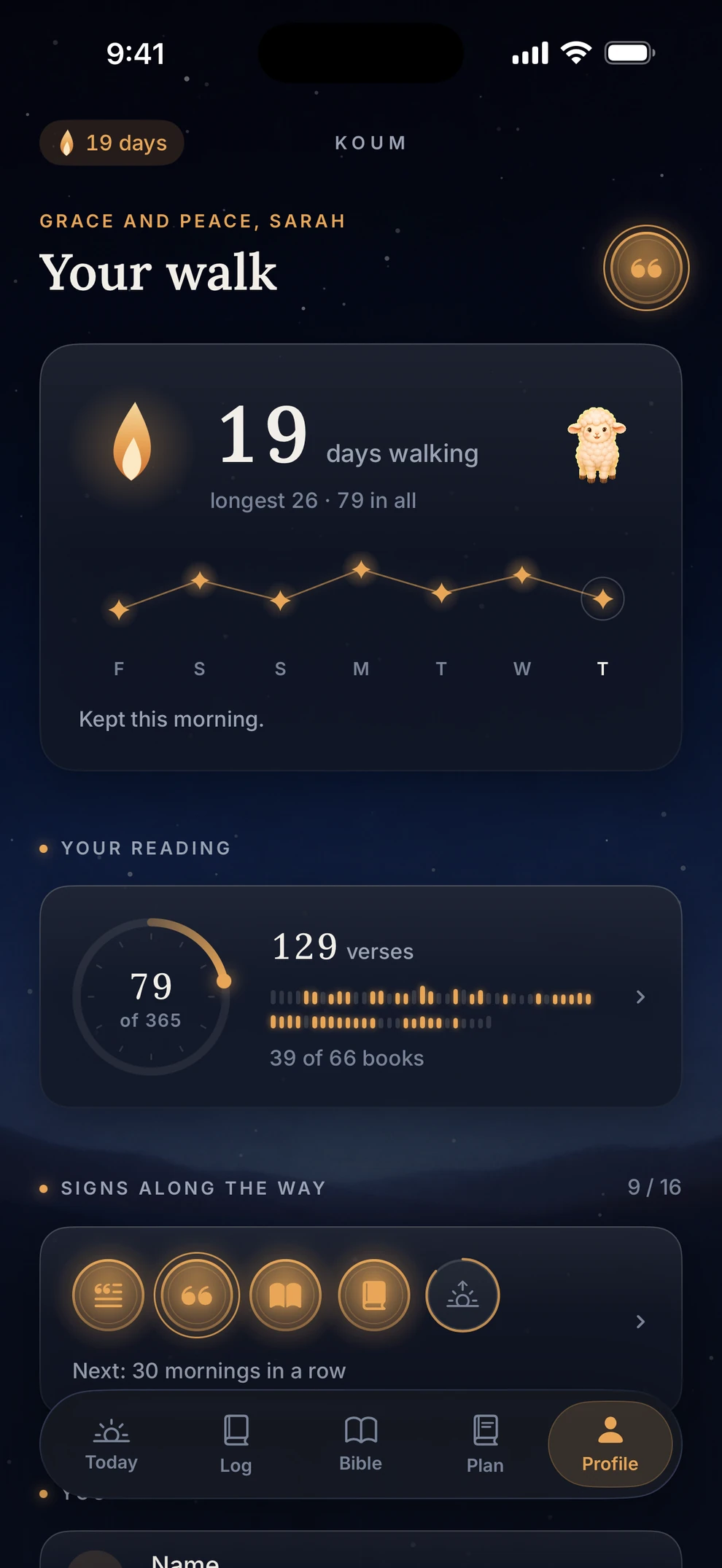 Koum profile: a 19-day walk, 129 verses read, and badges along the way.