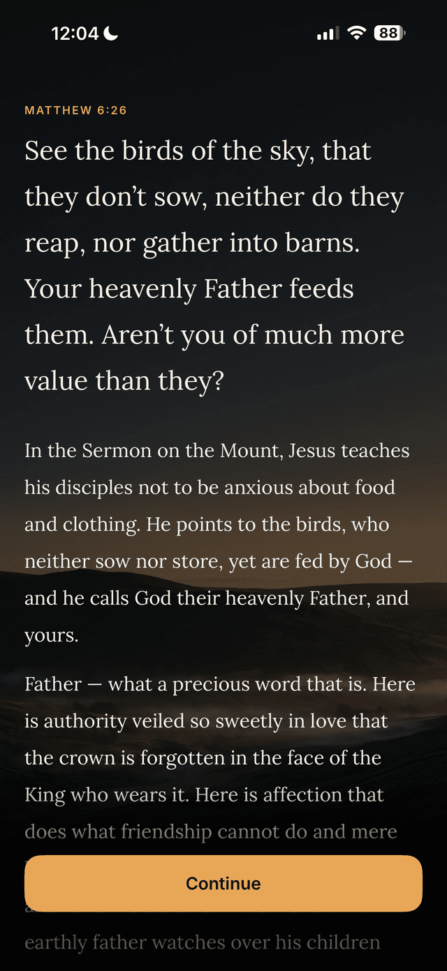 Koum devotional reading screen with a Scripture passage and reflection prompt.