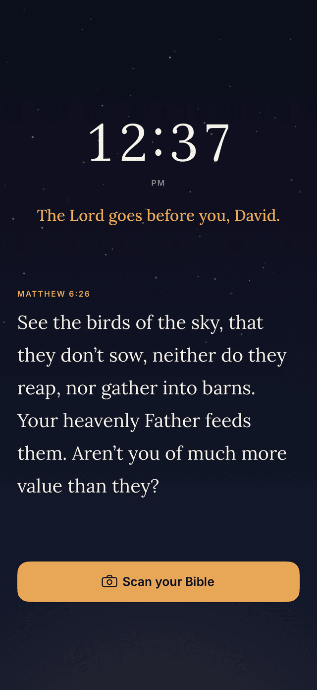 Koum Bible alarm showing a Scripture scan step before the alarm is dismissed.