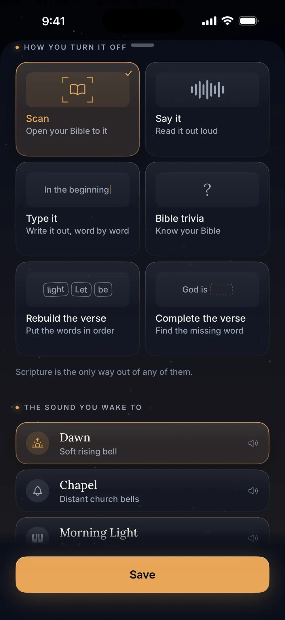 Koum's six ways to turn the alarm off: scan, say it, type it, Bible trivia, rebuild the verse, and complete the verse.
