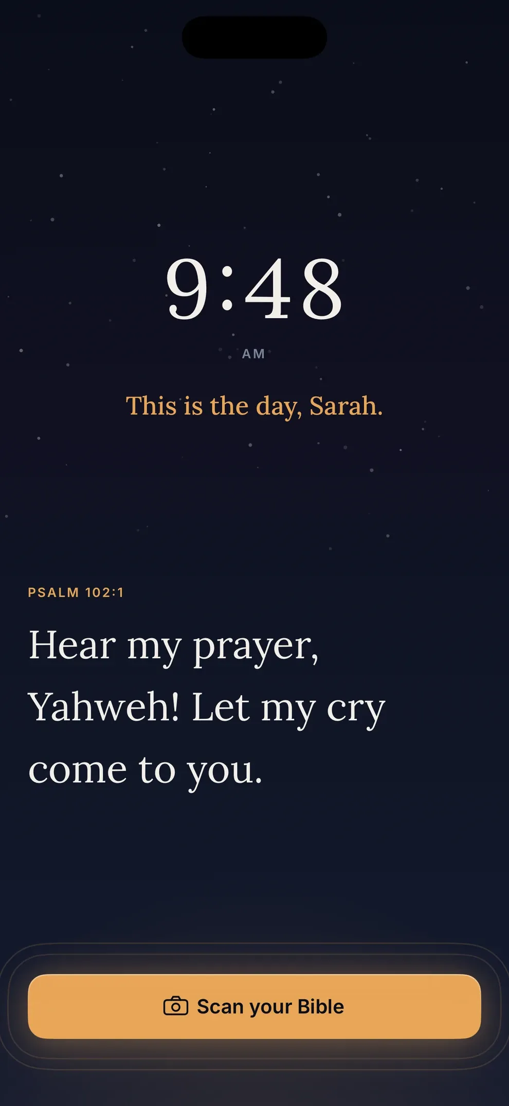 Koum alarm ringing at 9:48 with Psalm 102:1 and a button to scan your Bible.