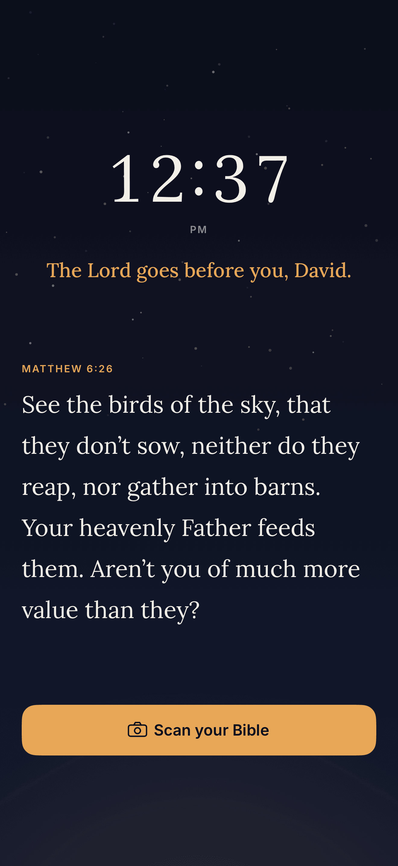 Koum Bible alarm showing a Scripture scan step before the alarm is dismissed.