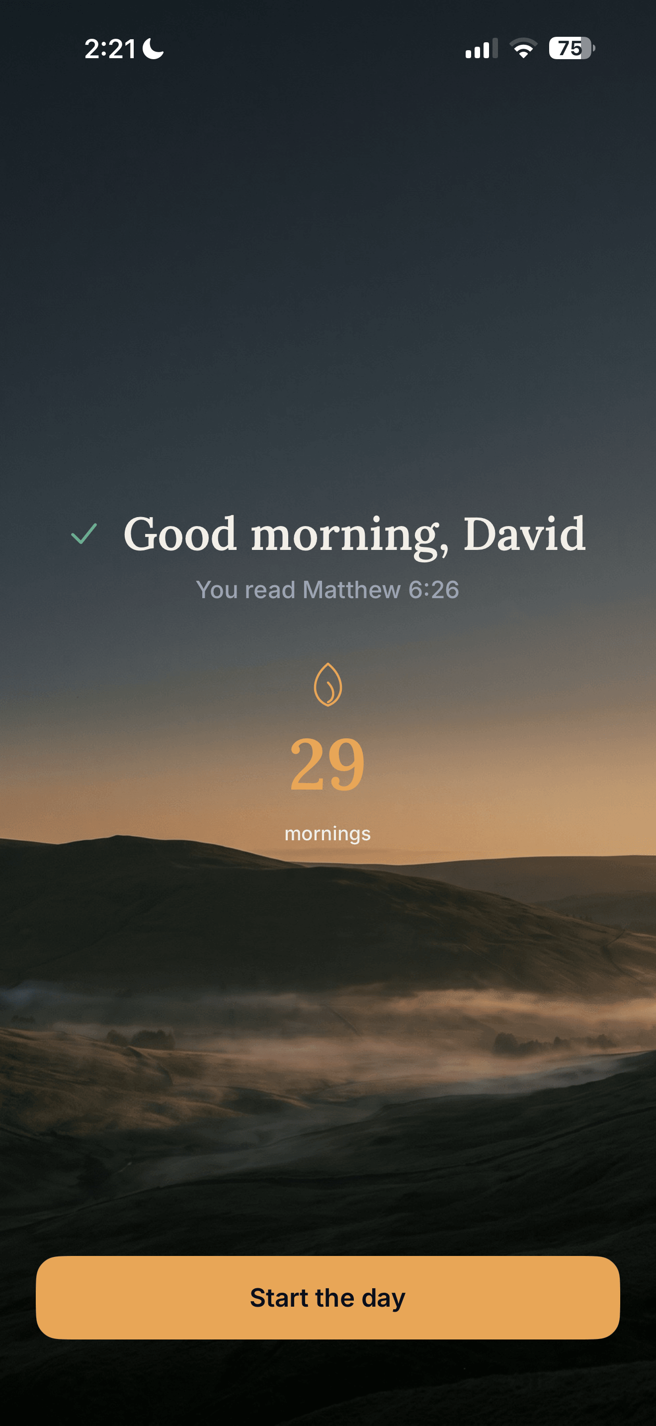 Koum morning completion screen after a Scripture-first alarm and reflection.