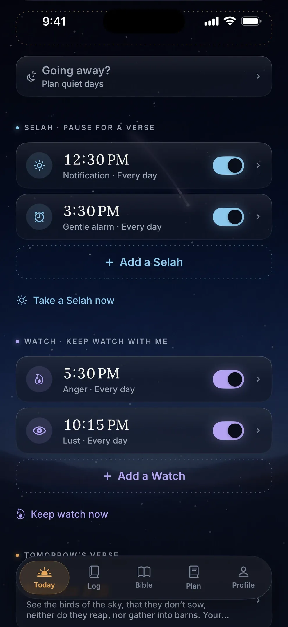 Koum alarms, Selah pauses, and Watch hours scheduled across the day.