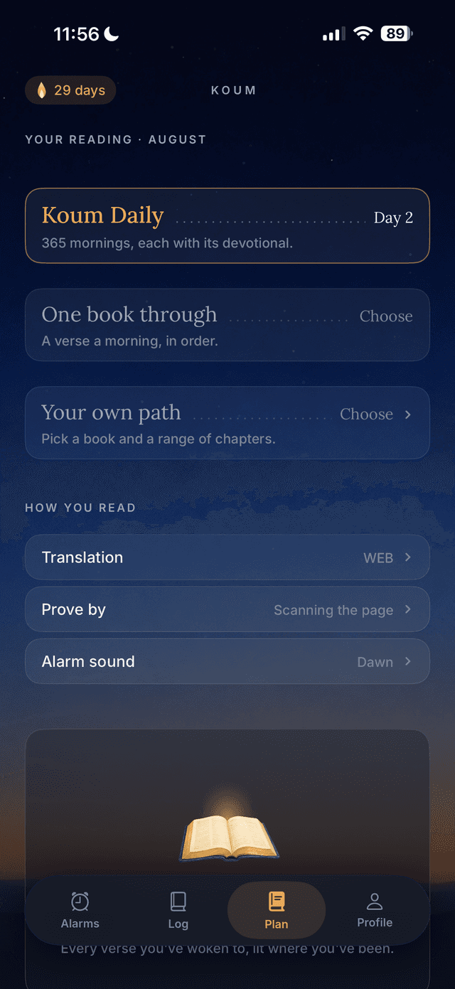 Koum daily plan showing a selected Bible reading and a clear next step for morning prayer.