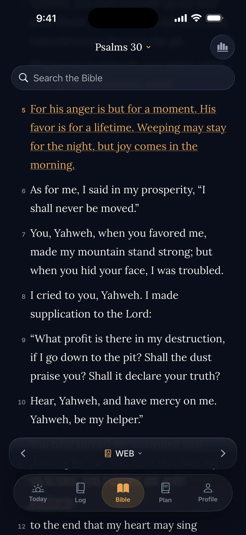 Koum Bible reader on Psalm 30 with verse 5 highlighted in gold where you have read.